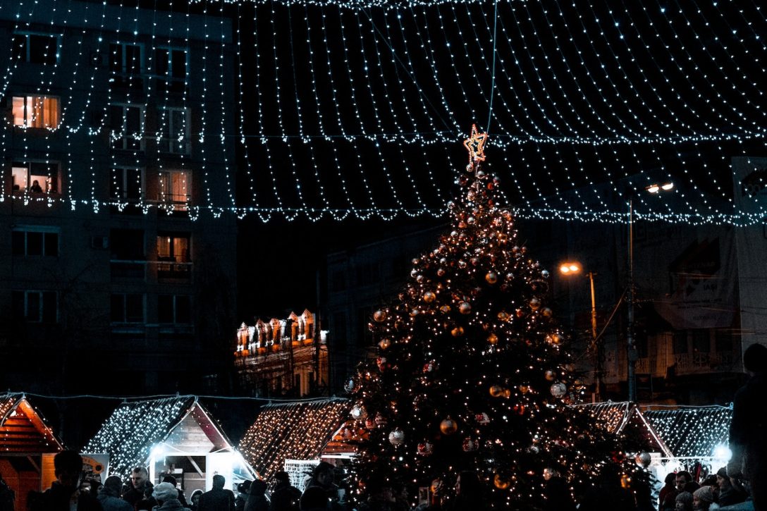 neighborhood decorated for Christmas